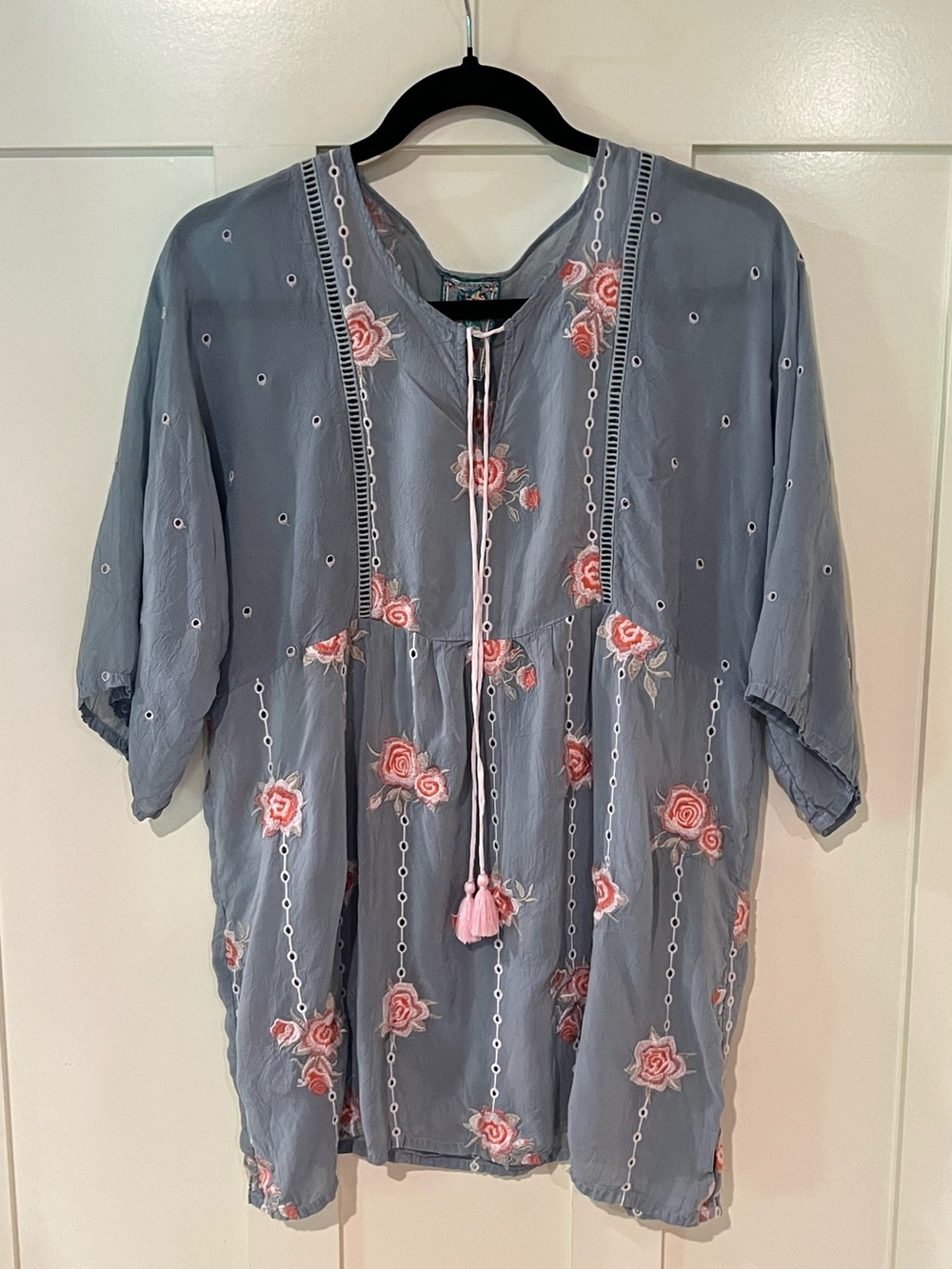 Johnny Was Embroidered Feminine Tunic Slate Blue Cupra Rayon Pink Floral Small - Picture 4 of 13